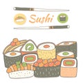Cute hand drawn doodle sushi collection.