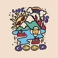 Cute hand drawn doodle vector illustration with mountains, sun, clouds, for your streetwear merch Royalty Free Stock Photo
