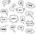 Cute hand drawn doodle vector set speech bubbles with dialog words love, kiss, hug, sweet, honey. Royalty Free Stock Photo