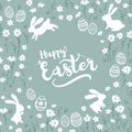 Cute hand drawn Easter Card design with bunnies, flowers and Easter eggs Royalty Free Stock Photo