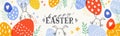 Cute hand drawn Easter horizontal banner with bunnies, flowers, easter eggs, beautiful background, great for Easter Cards, banner