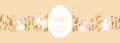 Cute hand drawn Easter horizontal seamless pattern with bunnies, flowers, easter eggs, beautiful background, great for Easter Royalty Free Stock Photo