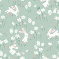 Cute Hand Drawn Easter Seamless Pattern With Bunnies, Easter Eggs And Flowers. Great For Easter Cards, Banner, Wallpaper, Textiles