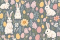 Cute hand drawn Easter seamless pattern with bunnies, flowers, easter eggs