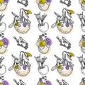 Cute hand drawn Easter seamless pattern with eggs and flowers, great for textiles, wallpapers. Vector doodle