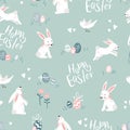 Cute hand drawn Easter seamless pattern with lovely bunnies and decoration, great for textiles, banners, wallpaper, wrapping -