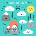 Cute hand drawn elements with Kawaii Mountains landscape