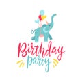 Cute hand drawn elephant flying on balloons isolated on white background. Lettering text Birthday party Design element Royalty Free Stock Photo