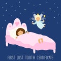 Cute hand drawn First Lost Tooth Certificate as sleeping kid and funny smiling cartoon character of tooth fairy Royalty Free Stock Photo