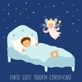 Cute hand drawn First Lost Tooth Certificate as sleeping kid and funny smiling cartoon character of tooth fairy Royalty Free Stock Photo