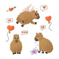 Cute hand drawn flat capybaras in love