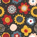 Cute hand drawn flowers seamless pattern on dark background in Scandinavian style. Design for textile, greetings Royalty Free Stock Photo