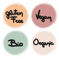 Cute hand drawn vector food badges collection gluten free, vegan, bio and organic labels