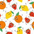 Cute hand drawn fruits seamless pattern. Cartoon doodle style. Funny characters. Royalty Free Stock Photo