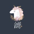 Cute hand drawn girl unicorn pastel text poster