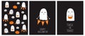 Cute Hand Drawn Halloween Cards and Pattern. Little White Ghost on a Black Background.