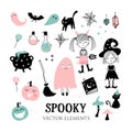 Cute hand drawn Halloween design, spooky characters and decoration, vector elements Royalty Free Stock Photo