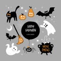 Cute hand drawn Halloween design, spooky characters and decoration, vector elements Royalty Free Stock Photo