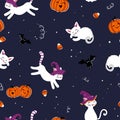 Cute hand drawn halloween seamless pattern with cats and candy, fun background, great for textiles, banners, wallpaper, wrapping Royalty Free Stock Photo