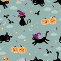 Cute hand drawn halloween seamless pattern with cats and candy, fun background, great for textiles, banners, wallpaper, wrapping Royalty Free Stock Photo