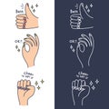 3 Cute Hand Drawn Hand Gesture Set. Woman Hand with Nail Polish. Thumbs Up, OK Sign, Fist Gesture. Vector Illustration Eps10.