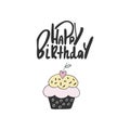 Cute hand drawn happy birthday lettering with cake. Birthday greeting card drawn by hand. Vector illustration. Royalty Free Stock Photo