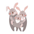 Cute hand drawn happy hare family on white