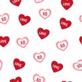 Cute hand drawn hearts seamless pattern. Love, xoxo hand lettering. Doodle hearts background. Valentines Day card Royalty Free Stock Photo