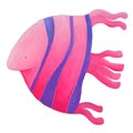 Cute hand drawn illustration of colorful purple blue fish swimming happily