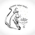 Cute hand drawn illustration with cute sad rat with a christmas ball. Greeting vector card for Happy New Year congratulations. Royalty Free Stock Photo