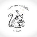 Cute hand drawn illustration with funny plump Rat with a christmas ball. Greeting vector card for Happy New Year congratulations.