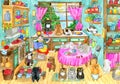 Cute hand drawn illustration with old kitchen, pretty girl and many adorable bobtail cats