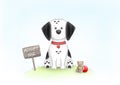 Cute hand drawn illustration of sad puppy dog, sitting on grass next to wooden sign with text adopt me, and teddybear, red ball an