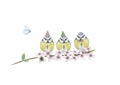 Cute hand drawn illustration of three blue tits with birthday party hat and bow tie, on branch with pink blossom, bumblebee and bu