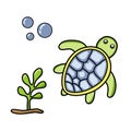 Cute turtle, sea weed and bubbles. Hand drawn illustration vector. Royalty Free Stock Photo