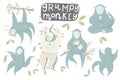 Cute hand drawn illustrations collection with funny and grumpy monkey