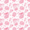Cute hand drawn jars with hearts. Seamless pattern, lovely romantic background