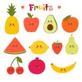 Cute hand drawn kawaii fruits. Healthy style collection. Flat style. Vegetarian food. Cartoon