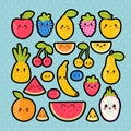 Cute hand drawn kawaii tropical smiling fruit stickers. Healthy summer lifestyle collection. Set of cartoon characters Royalty Free Stock Photo