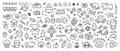 Cute hand drawn kid doodle icons set. Scribble set of sun, flower, smile, heart, animal, cloud, star, rainbow, fruit