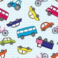 Cute hand drawn kids toy transport. Baby bright cartoon tractor, bus, car vector seamless pattern on white background. Royalty Free Stock Photo