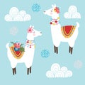 Cute hand drawn lama alpaca or guanaco with ornametal clouds and flowers. Tribal kids South American design. Vector