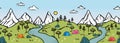 Cute hand drawn landscape with mountains, tents, trees, hills. Simple illustrated landscape, adventure - great for banners,