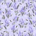 Cute hand drawn lavender meadow with bees, seamless pattern, happy background, great for textiles, banners, wallpapers, wrapping Royalty Free Stock Photo
