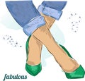 Cute hand drawn legs in green court shoes. Fashion accessories. Sketch Royalty Free Stock Photo