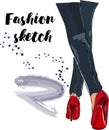 Cute hand drawn legs in red court shoes. Fashion accessories. Sketch Royalty Free Stock Photo