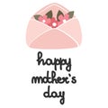 Cute cartoon hand drawn lettering happy mother`s day text vector greeting card illustration with envelope with flowers