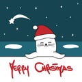 Cute hand drawn lettering merry christmas vector card with cartoon baby seal with santa hat