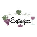 Cute hand drawn lettering september text with grapes and wine vector card