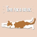 Cute hand drawn lettering time for a break text with cartoon character cat vector illustration Royalty Free Stock Photo